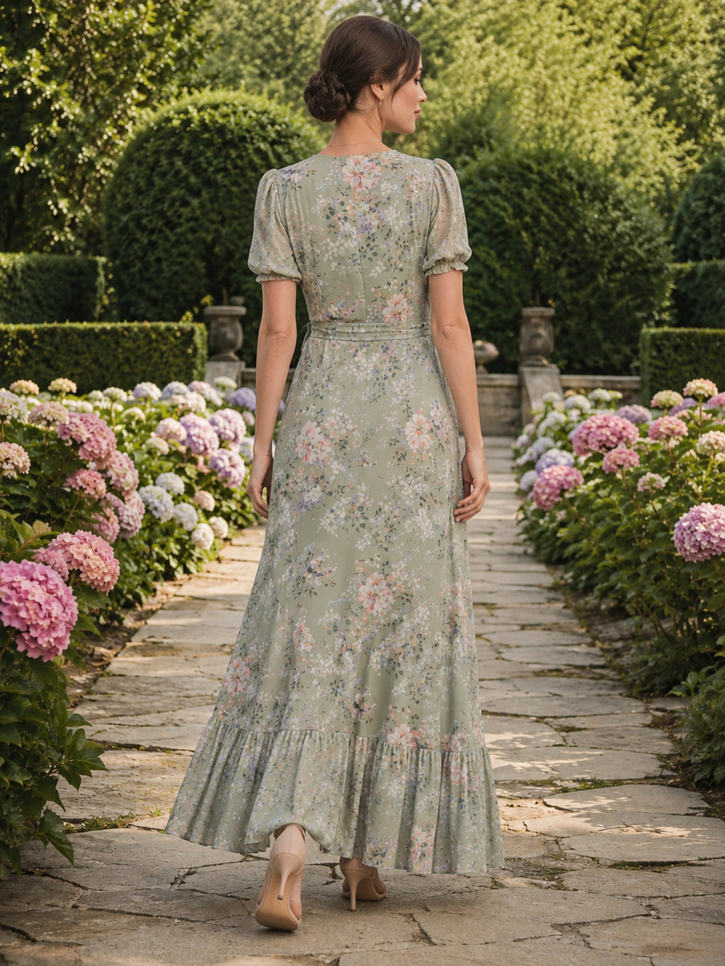 Sage Floral Garden Wedding Guest Dress A-Line Chiffon V-Neck Short Sleeve High-Low Tea-Length Ruched Floral back view