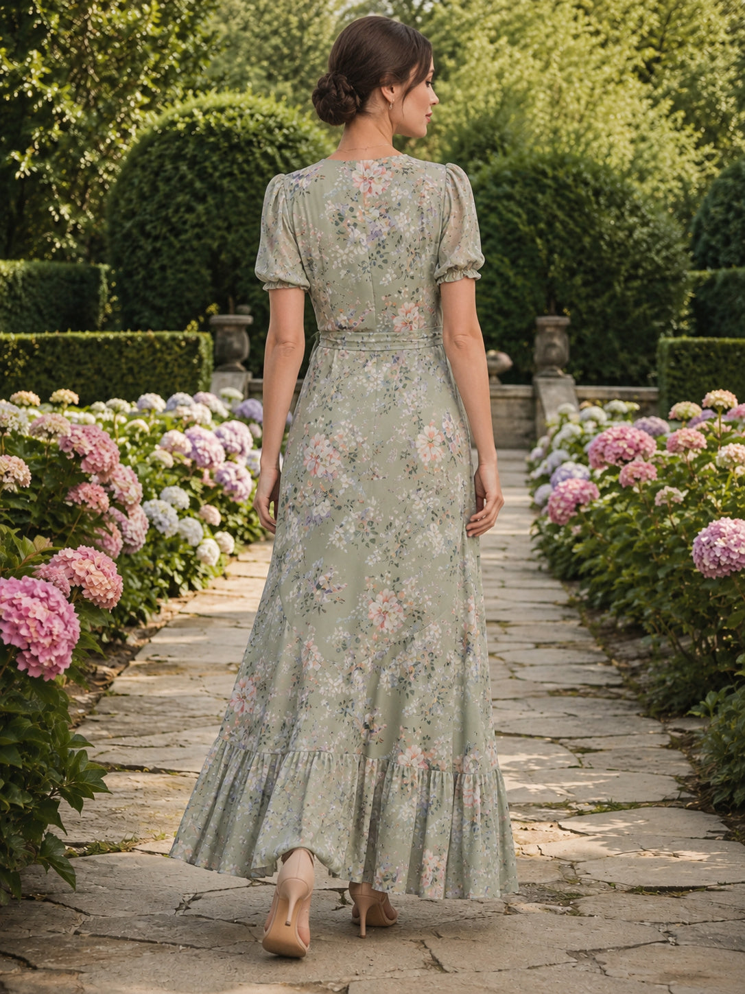 Sage Floral Garden Wedding Guest Dress A-Line Chiffon V-Neck Short Sleeve High-Low Tea-Length Ruched Floral back view