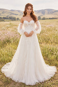 Off the Shoulder Puff Sleeve A-Line Wedding Dress with Sweetheart Bodice and Train front view