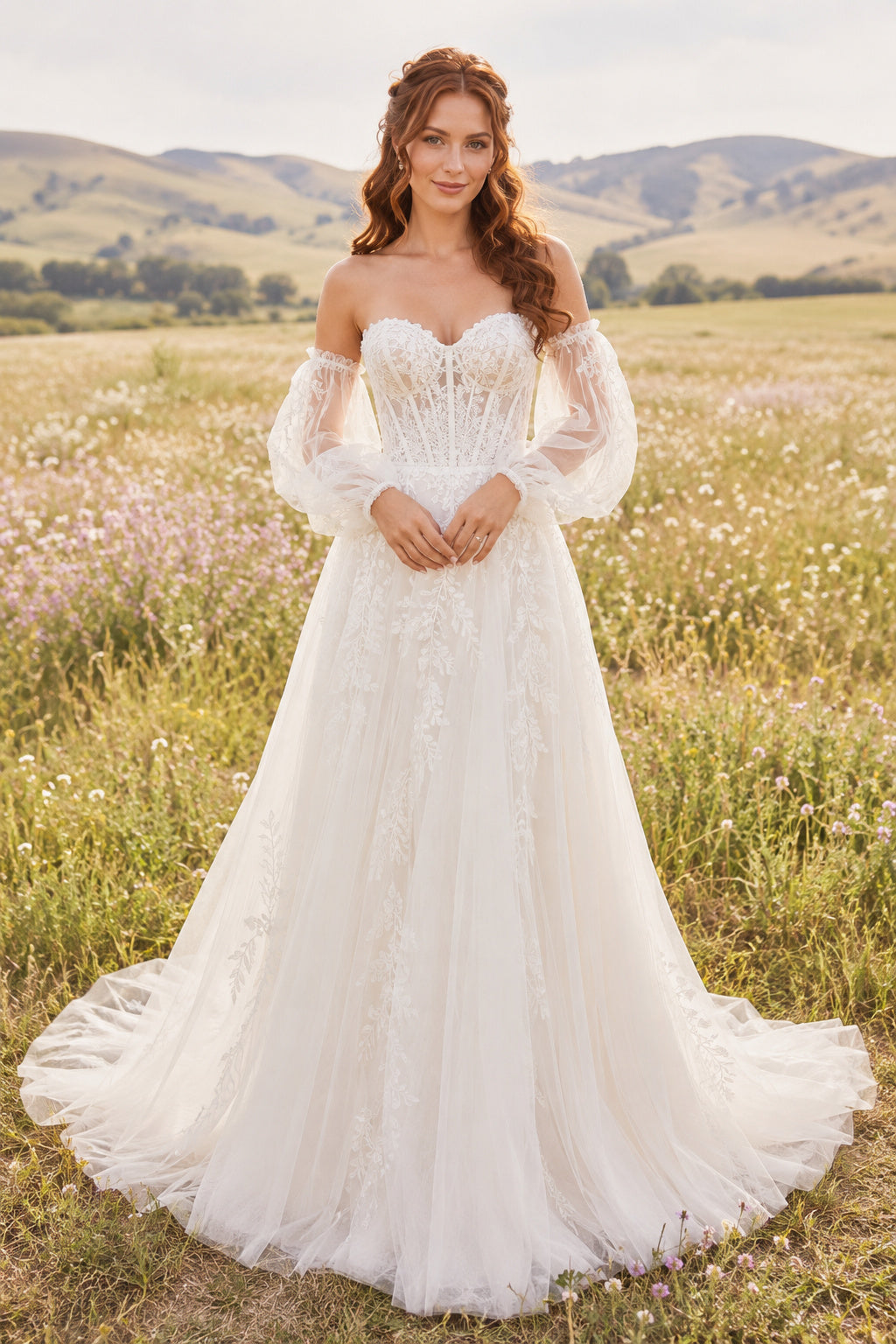 Off the Shoulder Puff Sleeve A-Line Wedding Dress with Sweetheart Bodice and Train front view
