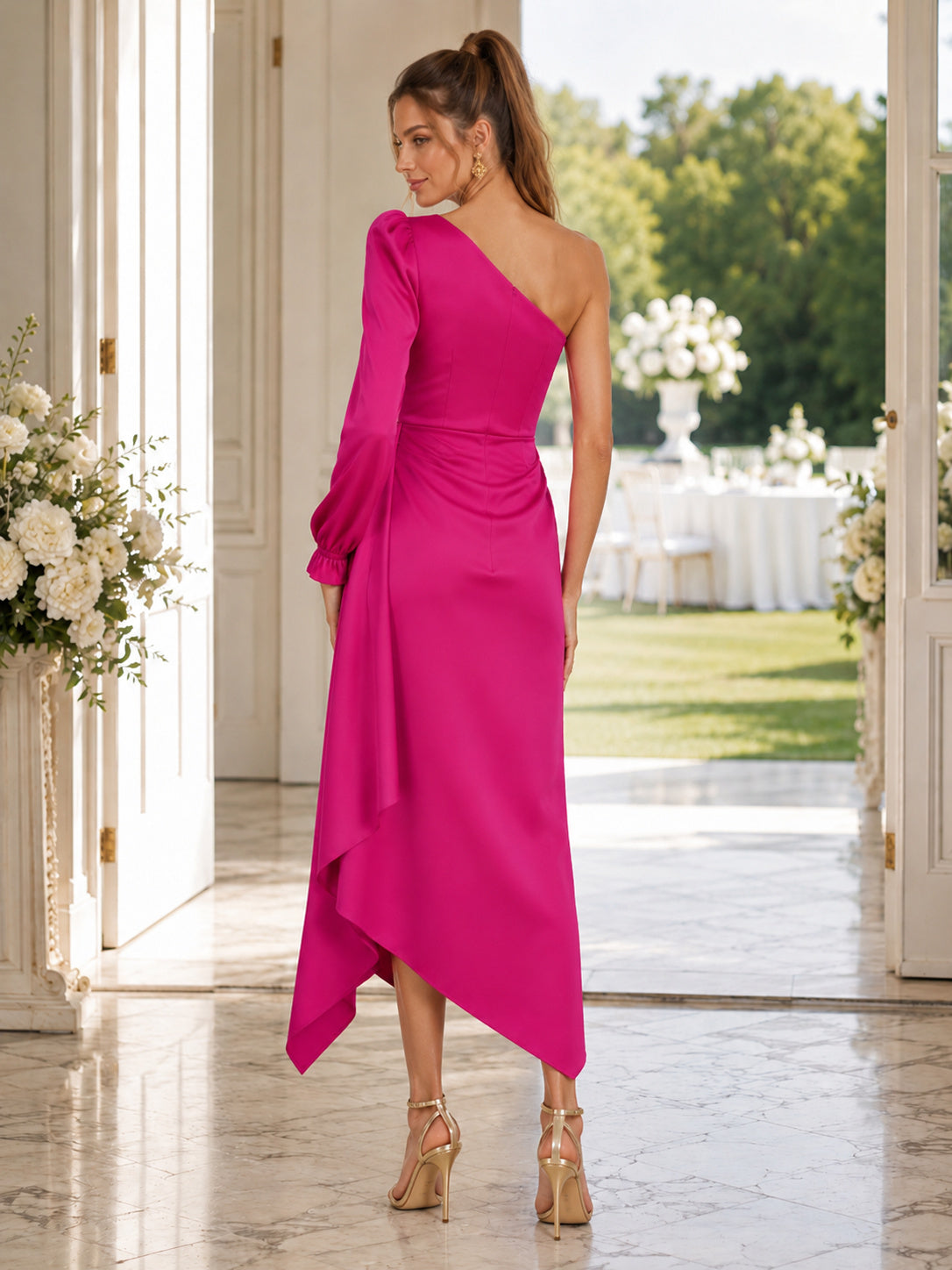 Fuchsia One Shoulder Long Sleeve Draped Midi Guest Dress back view