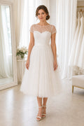 White Illusion Cap Sleeves A-Line Tulle, Lace Tea-length Dress With Lace