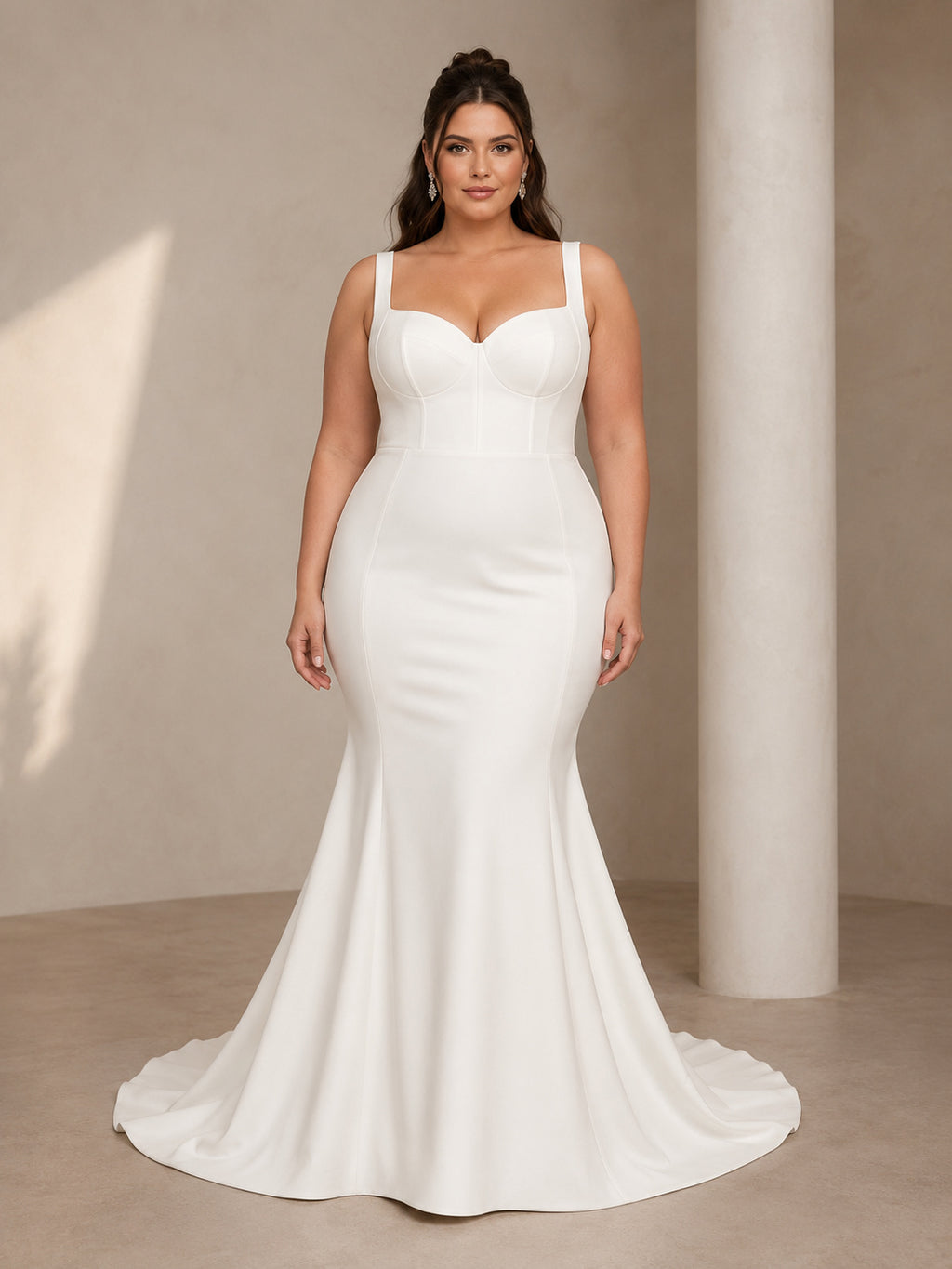 Plus Size Structured Square Strap Sweetheart Satin Mermaid Sweep Train Modern Wedding Gown front view