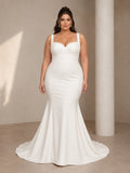 Plus Size Structured Square Strap Sweetheart Satin Mermaid Sweep Train Modern Wedding Gown front view