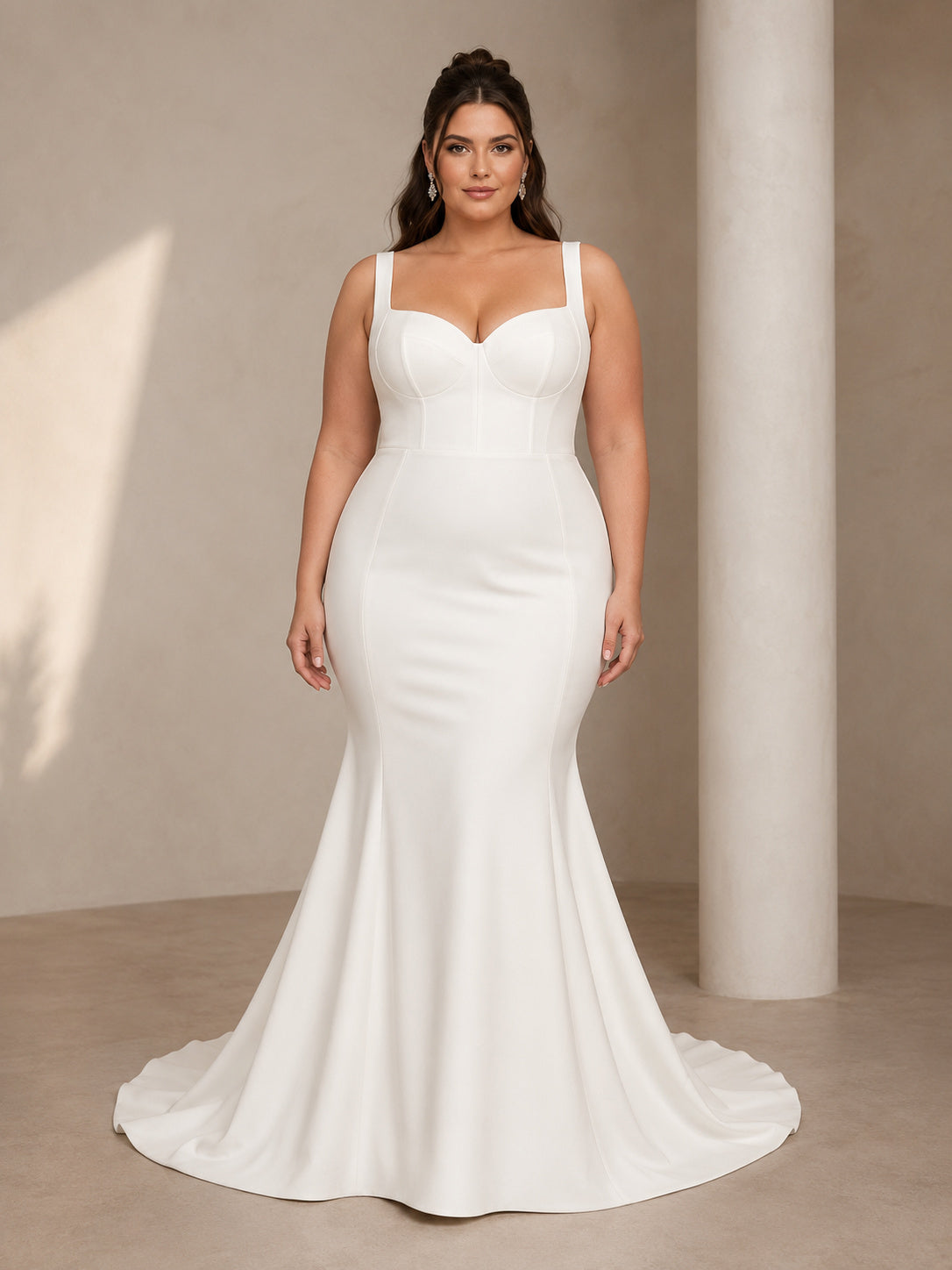 Plus Size Structured Square Strap Sweetheart Satin Mermaid Sweep Train Modern Wedding Gown front view