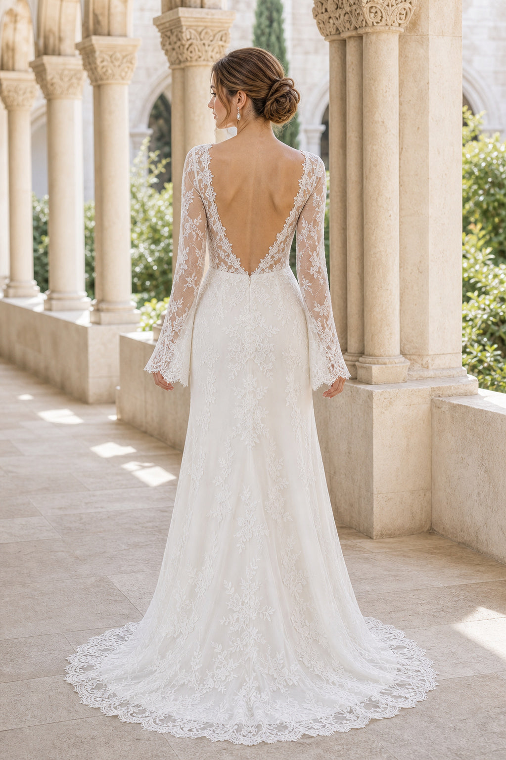 White V-neck Mermaid Crepe, Lace Floor-length Wedding Dress With Lace and Floral Appliques and Open Back