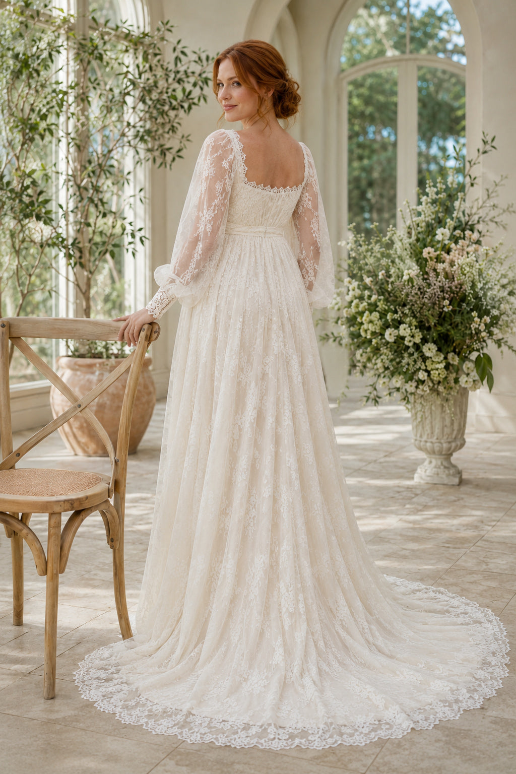 Ivory Square Neck Puff Sleeve Maternity Wedding Dress with Lace Bodice back view