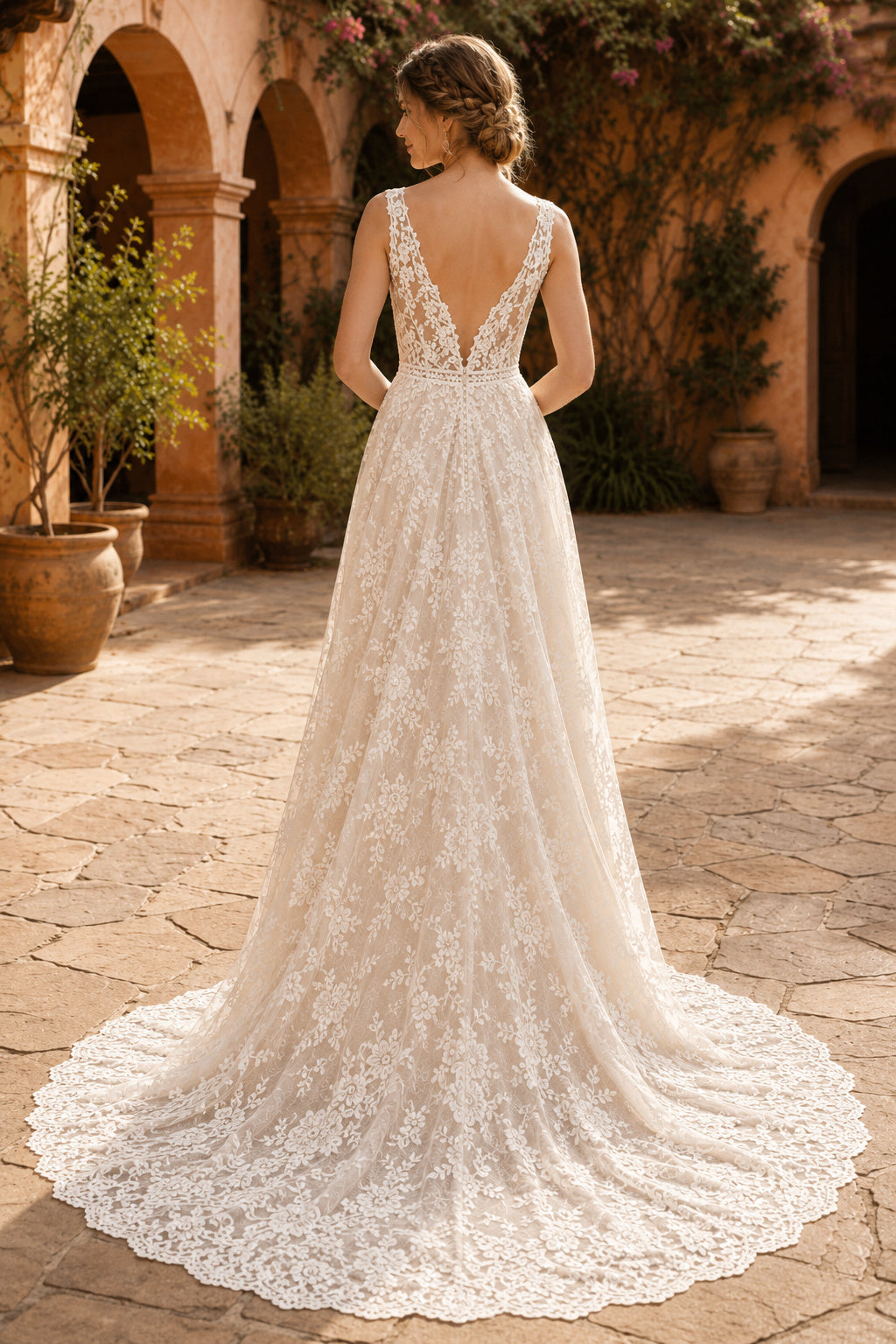 Ivory Strap V-Neck Lace A-Line Wedding Dress Chapel Train for Wedding Ceremony and Reception back view