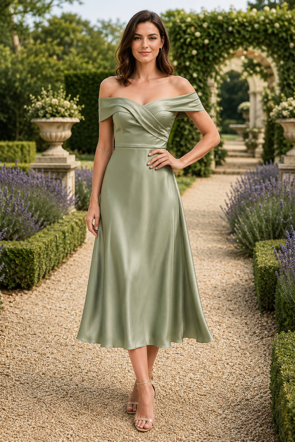 Sage Garden Wedding Guest Sheath Dress front view