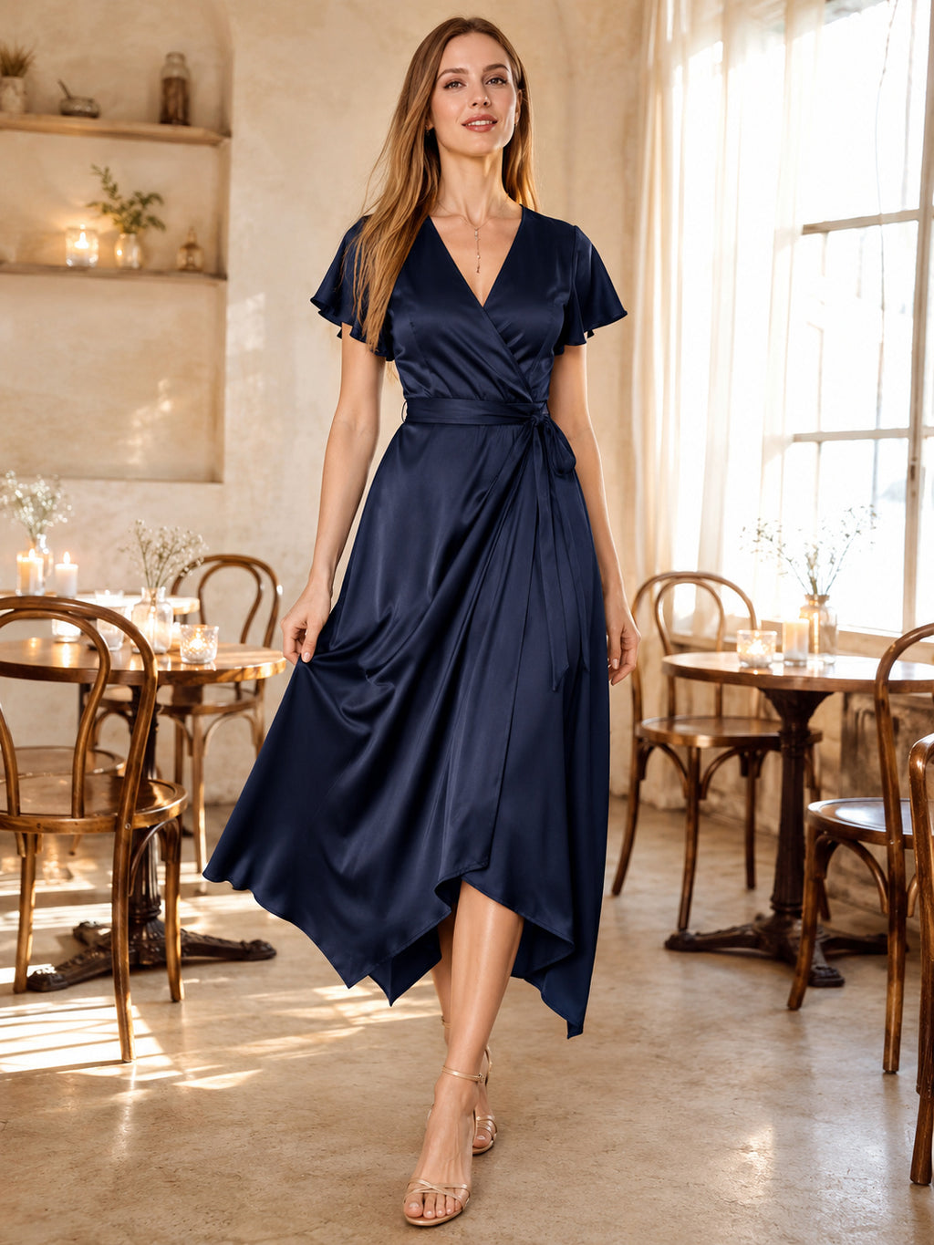 Navy satin flutter sleeve wrap cafe high-low midi dress front view