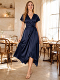 Navy satin flutter sleeve wrap cafe high-low midi dress front view