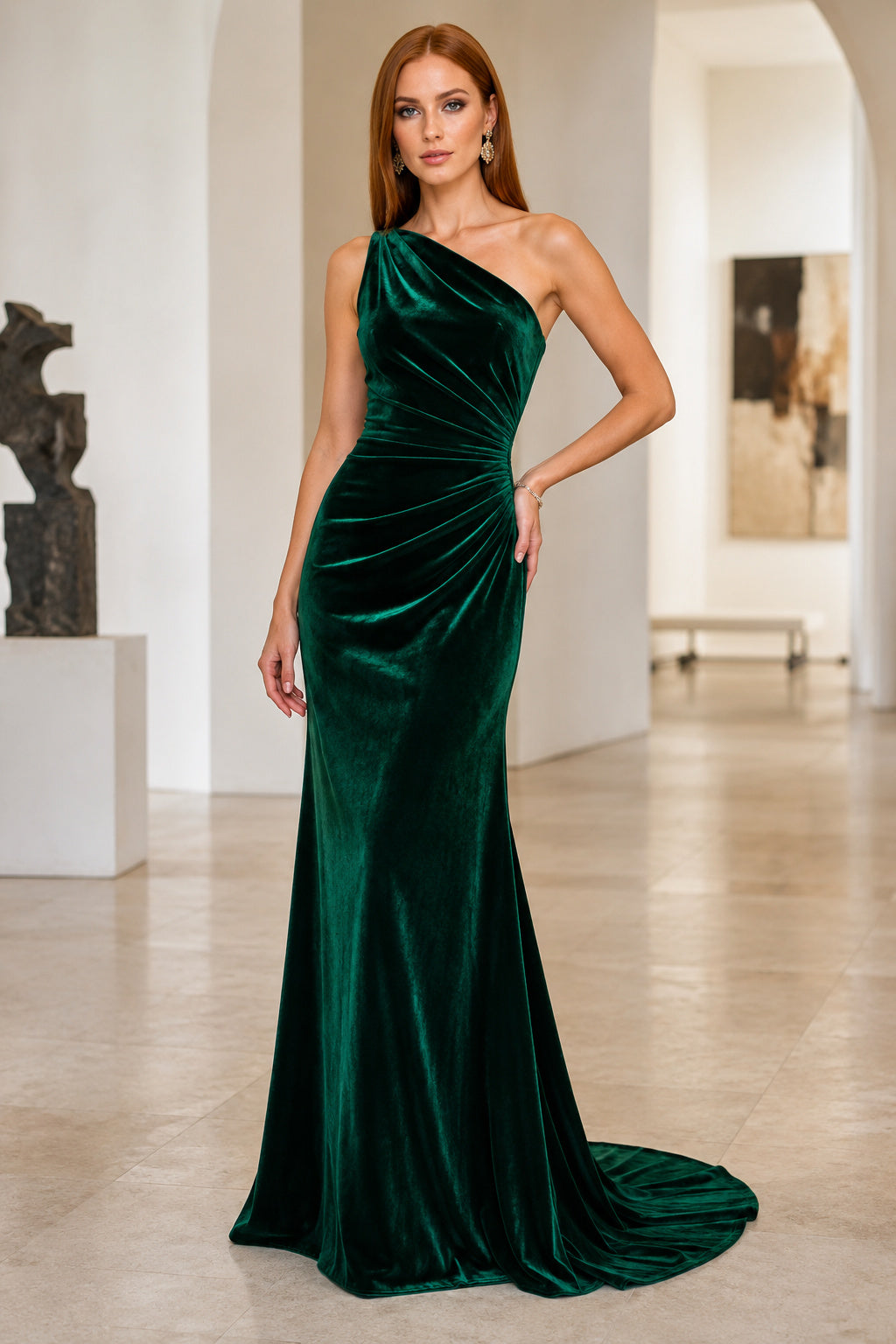 Dark Green One-Shoulder Velvet Mermaid Evening Dress with Ruched Bodice and Sweep Train front view