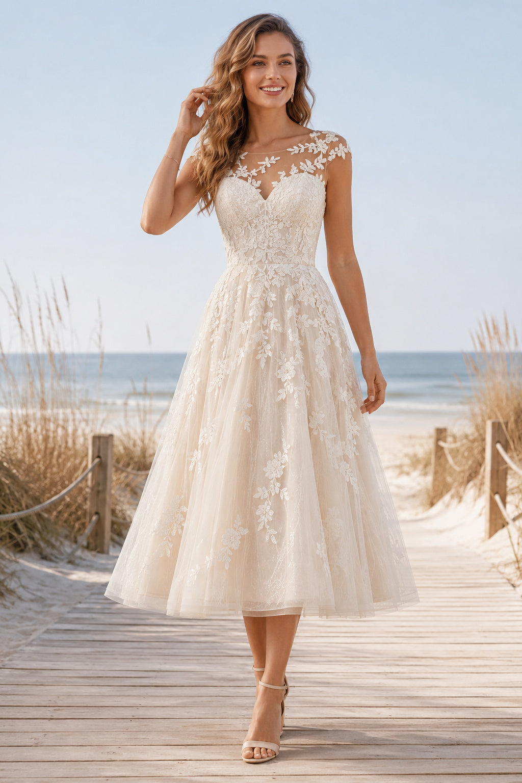 Ivory Bateau Cap Sleeve Applique Tea Length Wedding Dress for Wedding Reception and Party Style MG_700969 front view