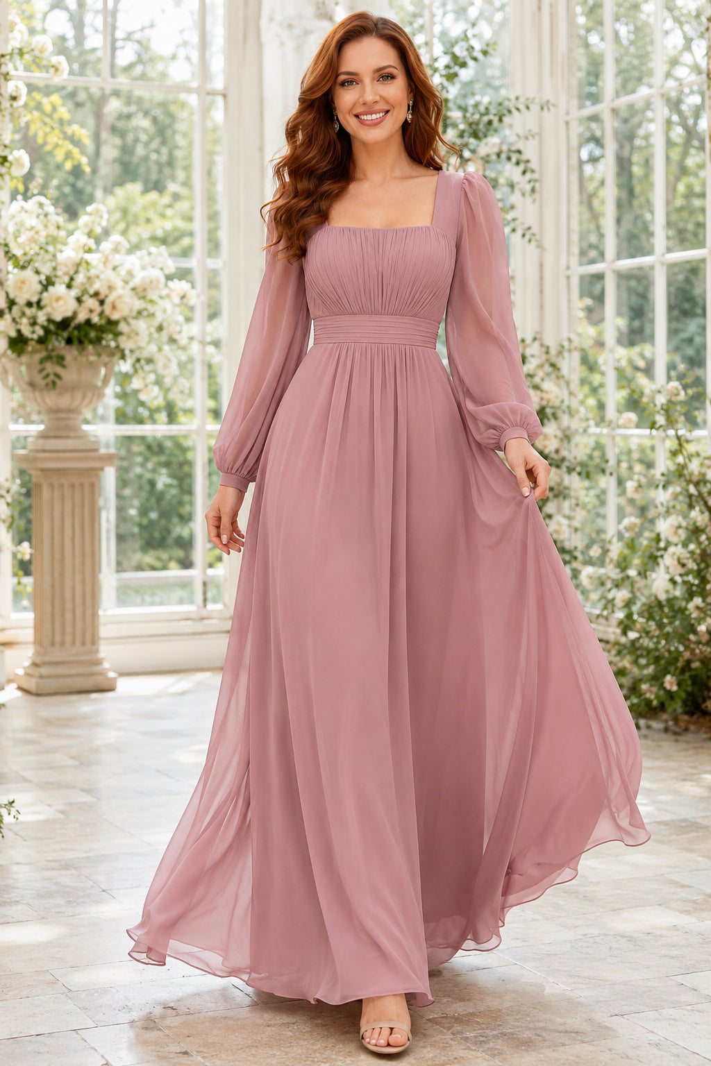 Dusty Rose Plus Size Square Neck Chiffon A-Line Bridesmaid Dress with Long Poet Sleeves front view
