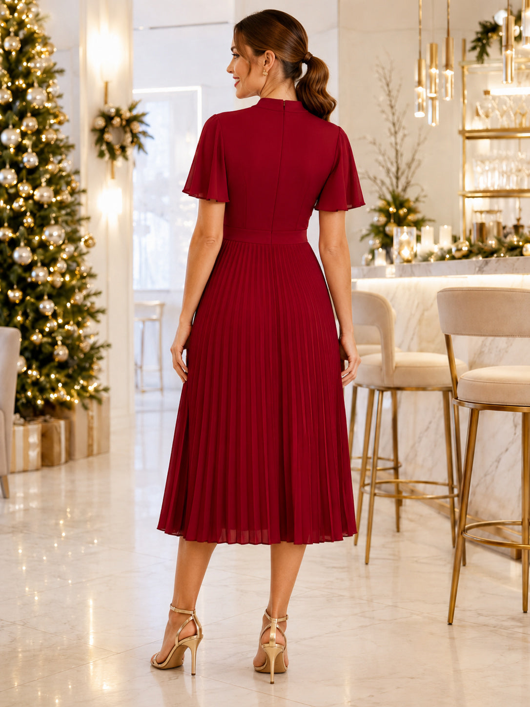 Red High Neck Flutter Short Sleeve Pleated Chiffon A-Line Tea Length Holiday Dress back view