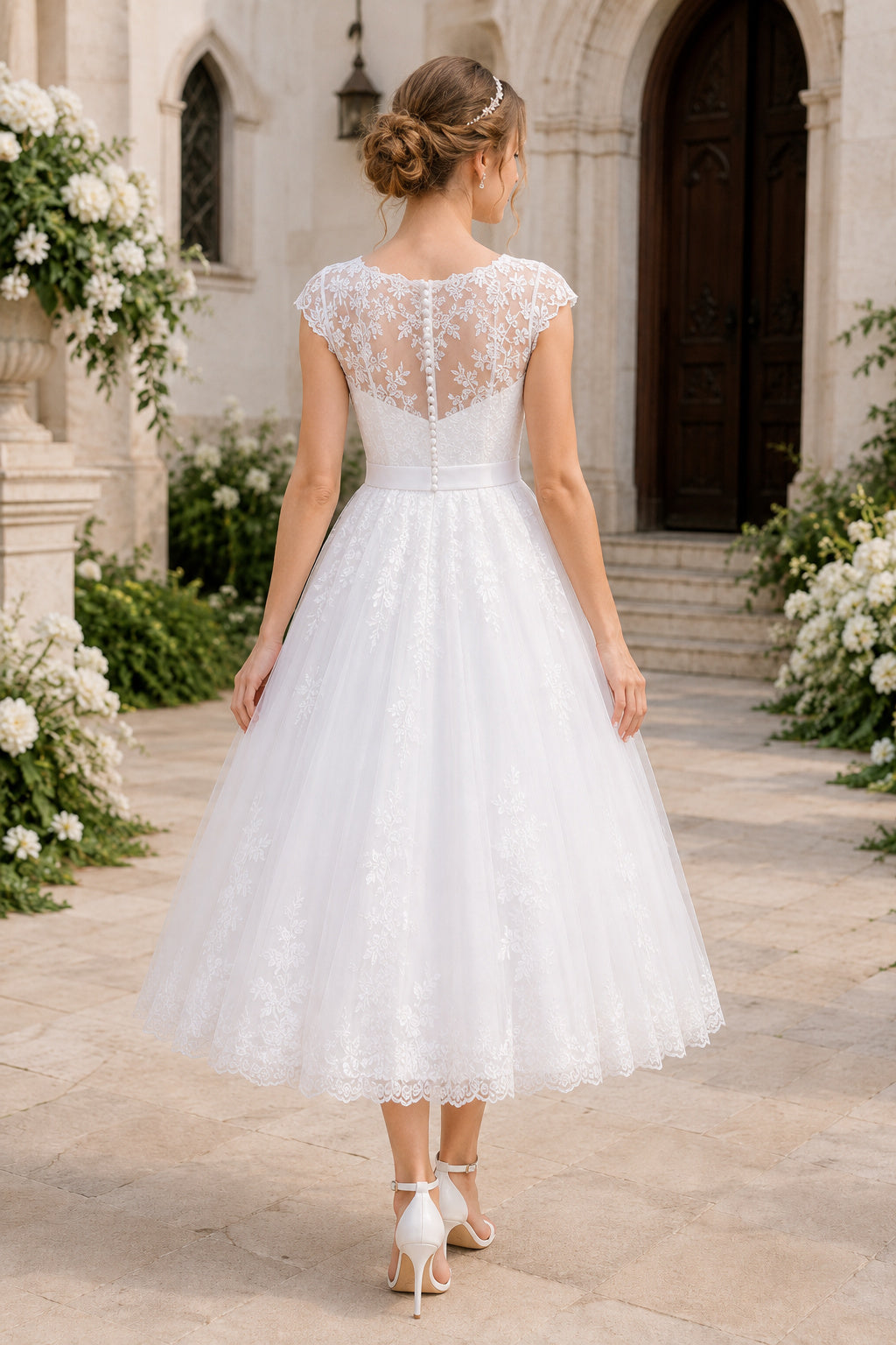Ivory Cap Sleeve Lace Illusion Bodice with Soft Tulle Skirt Tea Length A-Line Wedding Dress back view