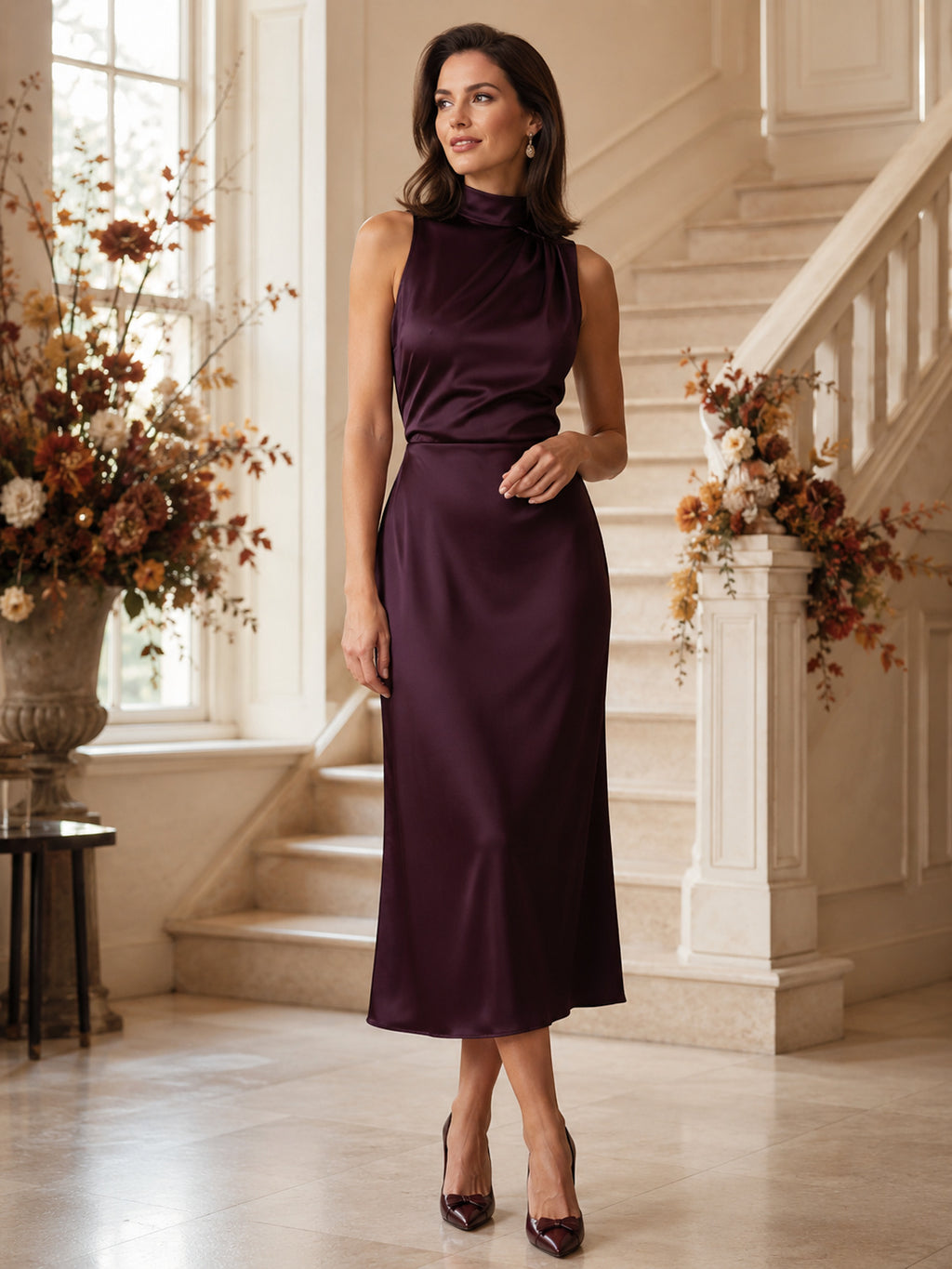 Plum High Neck Sleeveless Satin Sheath Midi Guest Dress front view
