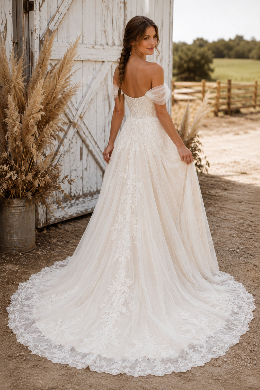 Off the Shoulder A-Line Wedding Dress with Lace Appliques and Soft Front Split for Rustic Garden Ceremony back view