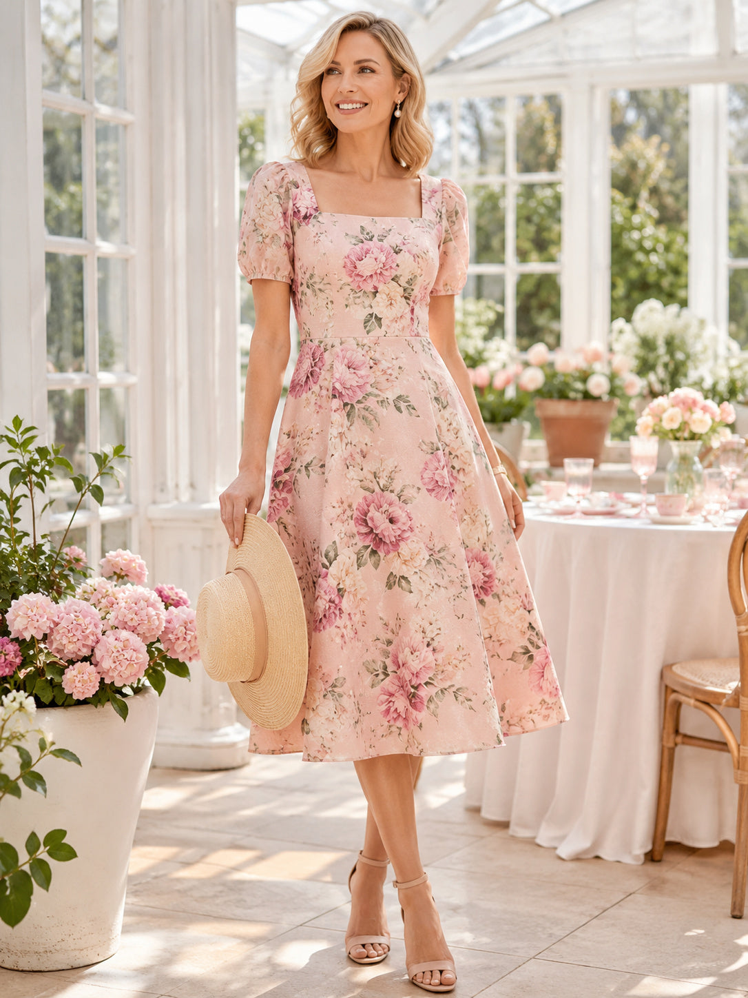 Blush Floral Square Neck Cap Sleeve Midi Brunch Dress front view