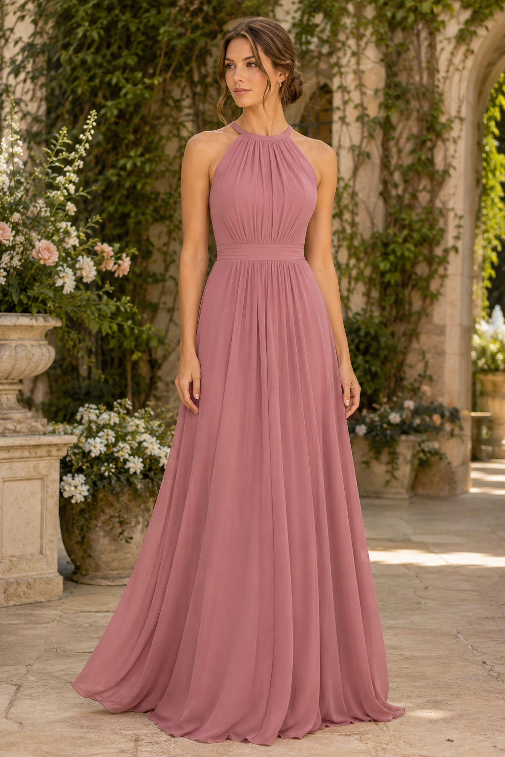 Dusty Rose Halter Chiffon A-Line Bridesmaid Dress with High Neck and Pleated Bodice front view