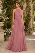 Dusty Rose Halter Chiffon A-Line Bridesmaid Dress with High Neck and Pleated Bodice front view