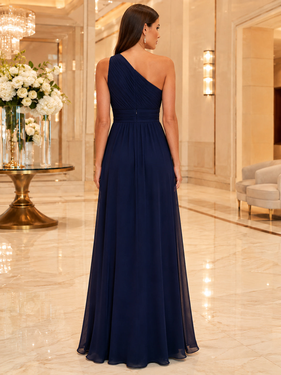 Dark Navy One Shoulder Chiffon A Line Gown back view