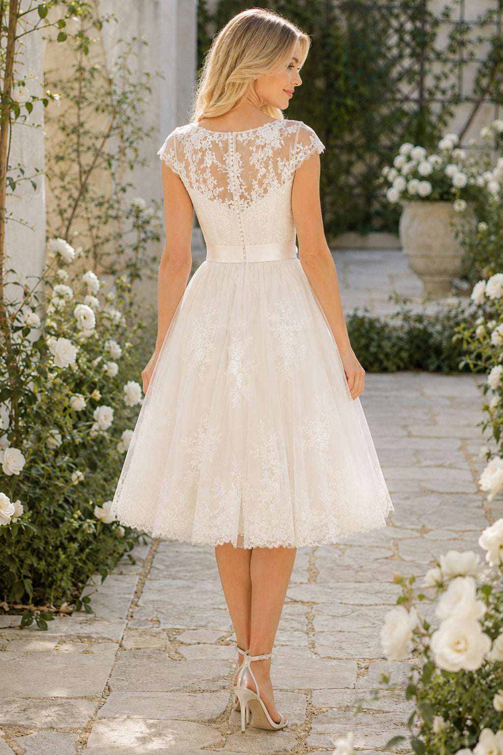 Ivory Lace Illusion Cap Sleeve Tea-Length Wedding Dress with Full Tulle Skirt back view