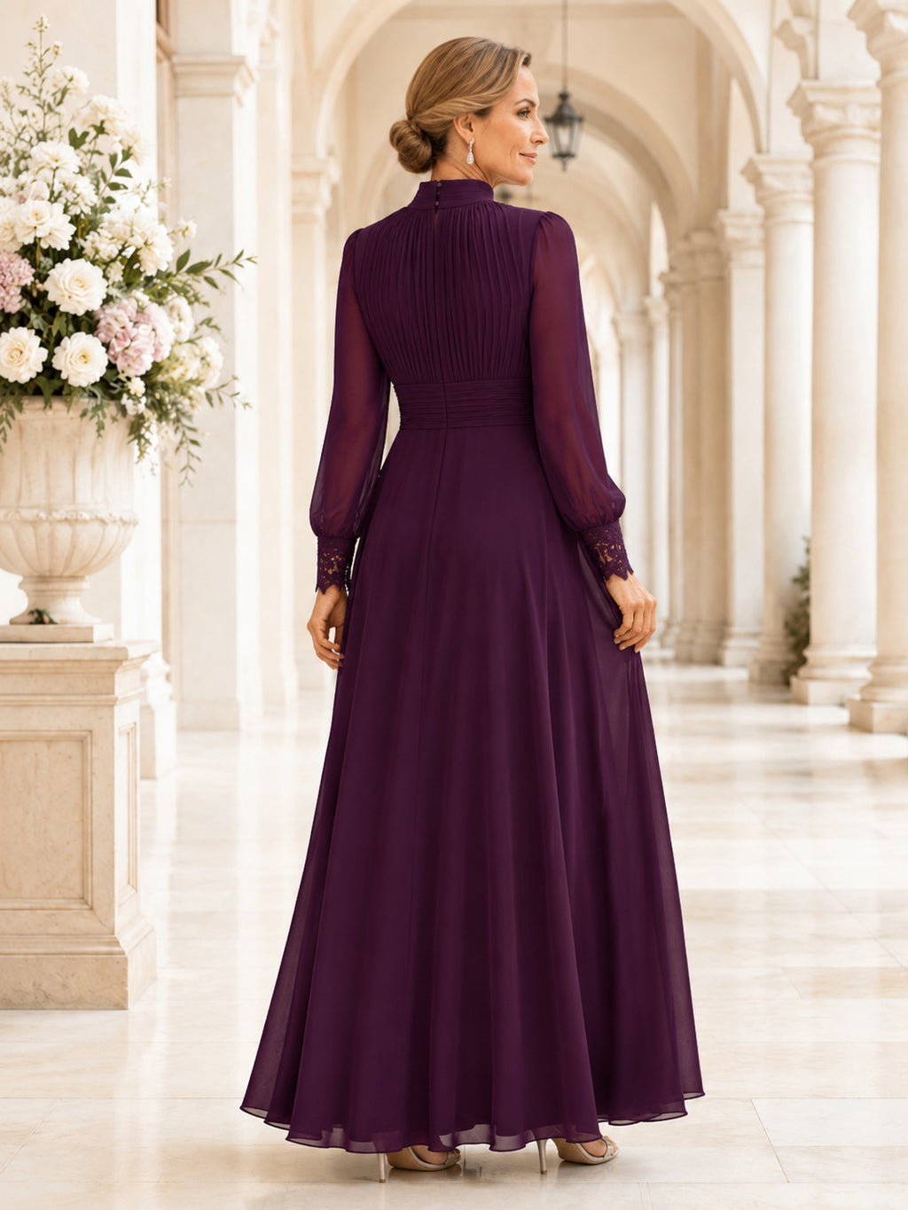 Plum Elegant High-Neck Long Puff-Sleeve Pleated Chiffon Floor-Length Mother of the Bride Gown back view