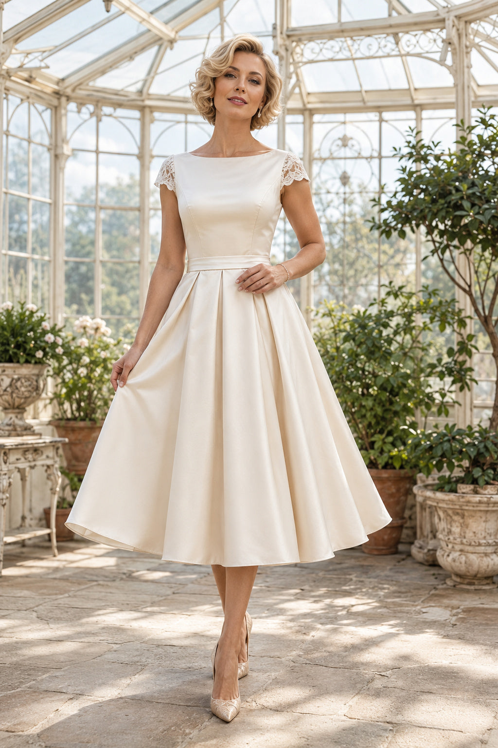 Ivory Bateau Satin Tea Length Wedding Dress Pockets for Wedding Reception and Party front view