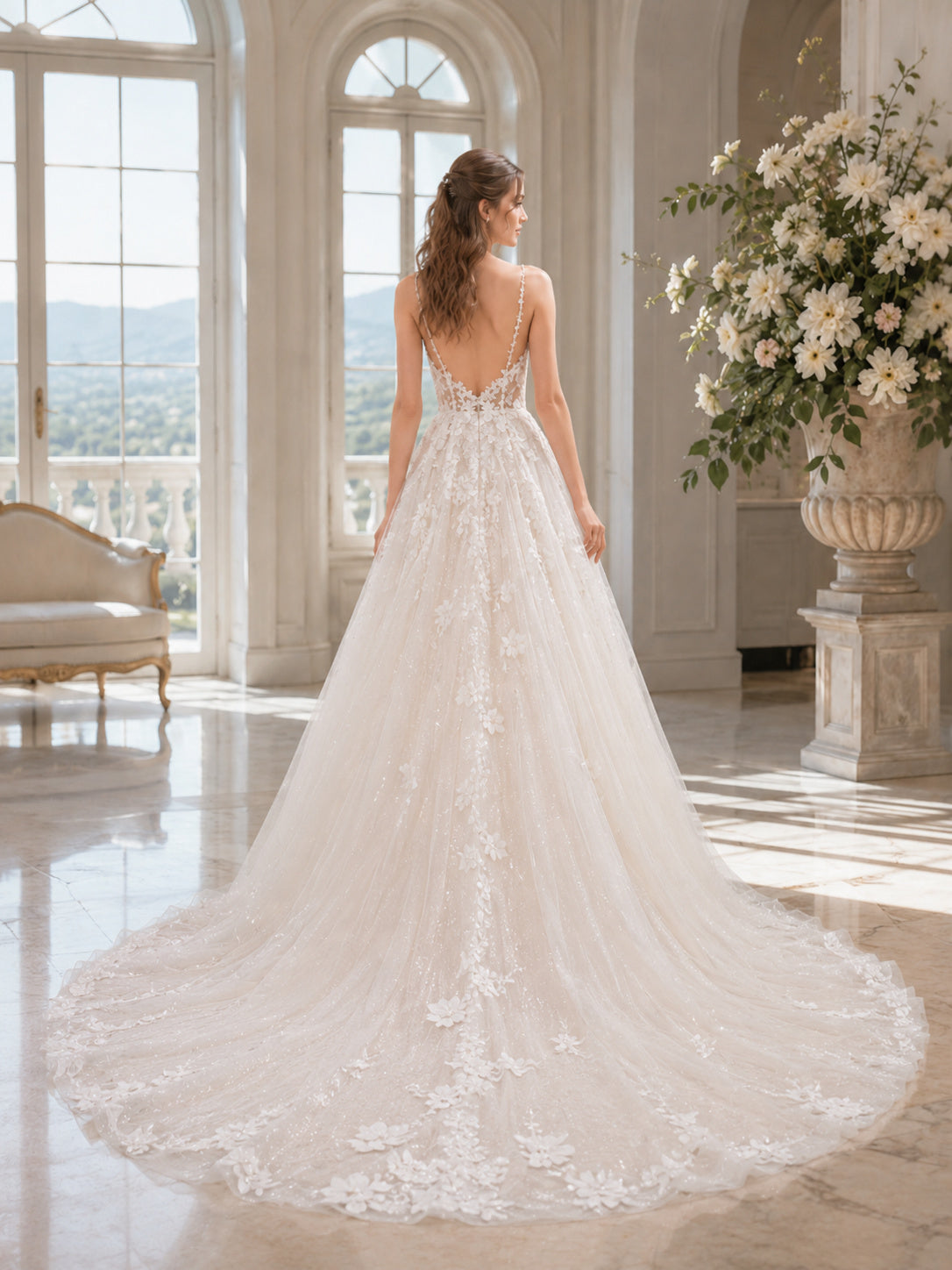 Satin Wedding Dress Sheath Strapless Sweep Train Bridal Gown back view