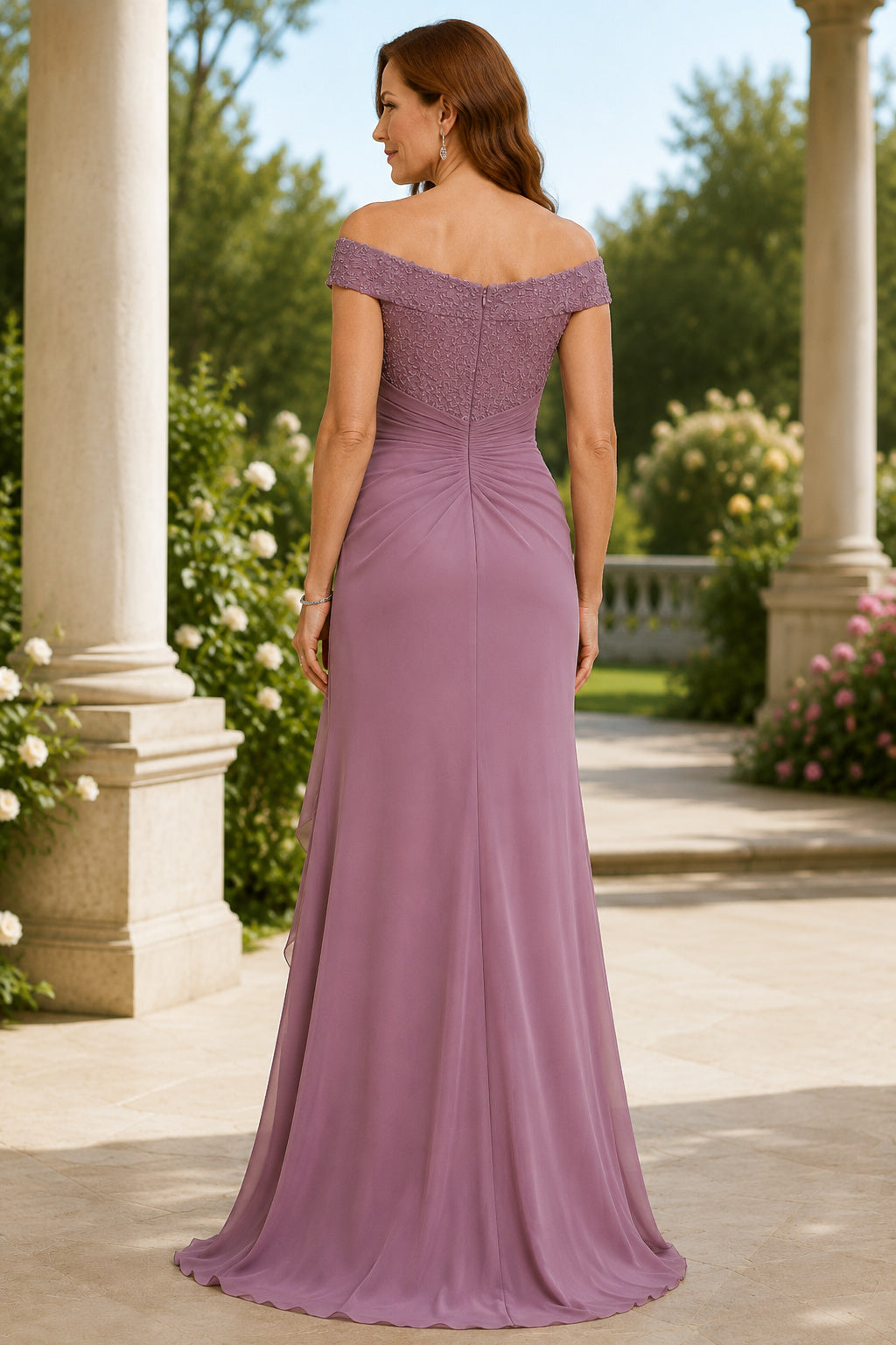 Vintage Mauve Off Shoulder Sheath Mother Dress with Lace Bodice and Side Drape back view