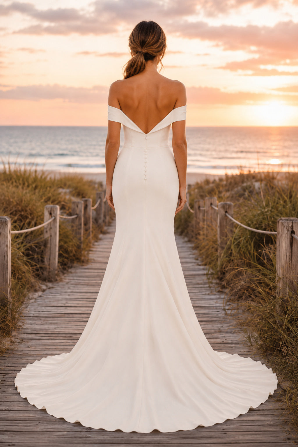 White Off Shoulder Stretch Satin Mermaid Wedding Dress Sweep Train for Bridal Ceremony and Reception back view