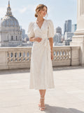 City Hall Wrap V-Neck Puff Sleeve Midi Wedding Dress front view