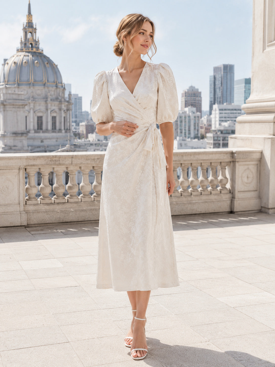City Hall Wrap V-Neck Puff Sleeve Midi Wedding Dress front view