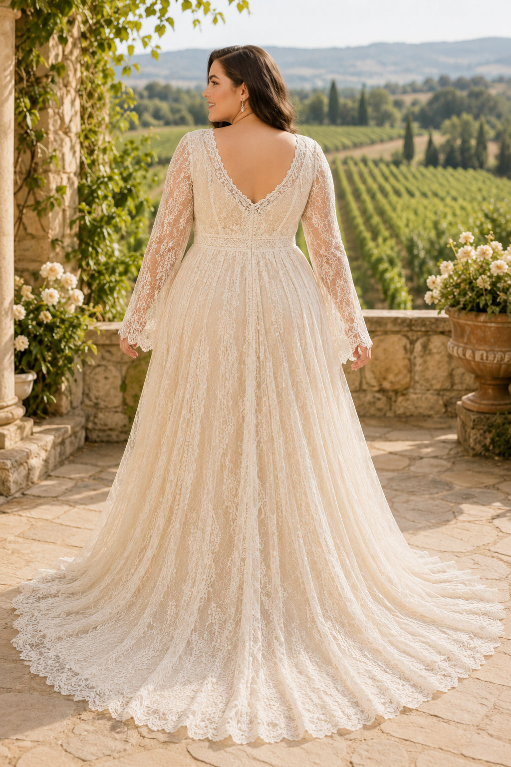Plus Size Ivory Scoop Neck Bell Sleeve Lace Tulle A-Line Wedding Dress with Bell Sleeves and Lace Chapel Train back view
