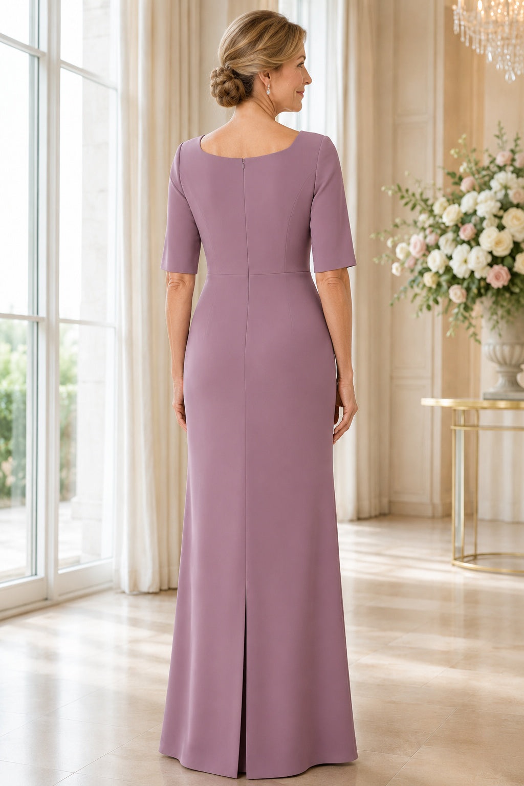 Vintage Mauve Square Neck Three-Quarter Sleeve Sheath Mother Dress back view