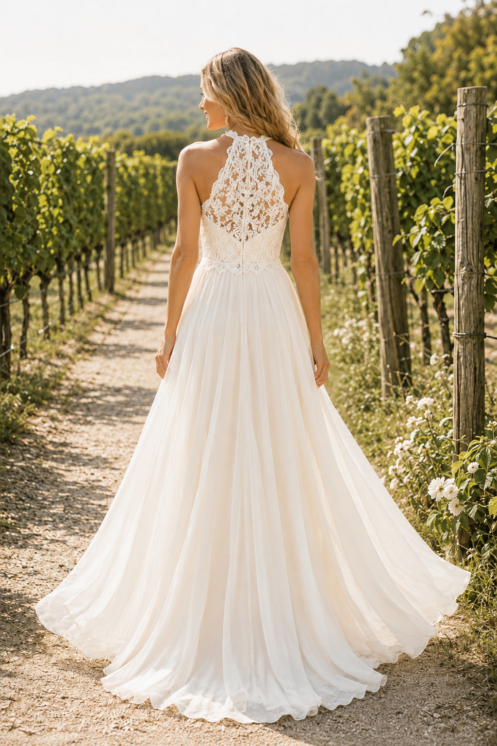 Ivory High Neck Halter Lace A-Line Wedding Dress with Flowing Chiffon Skirt back view