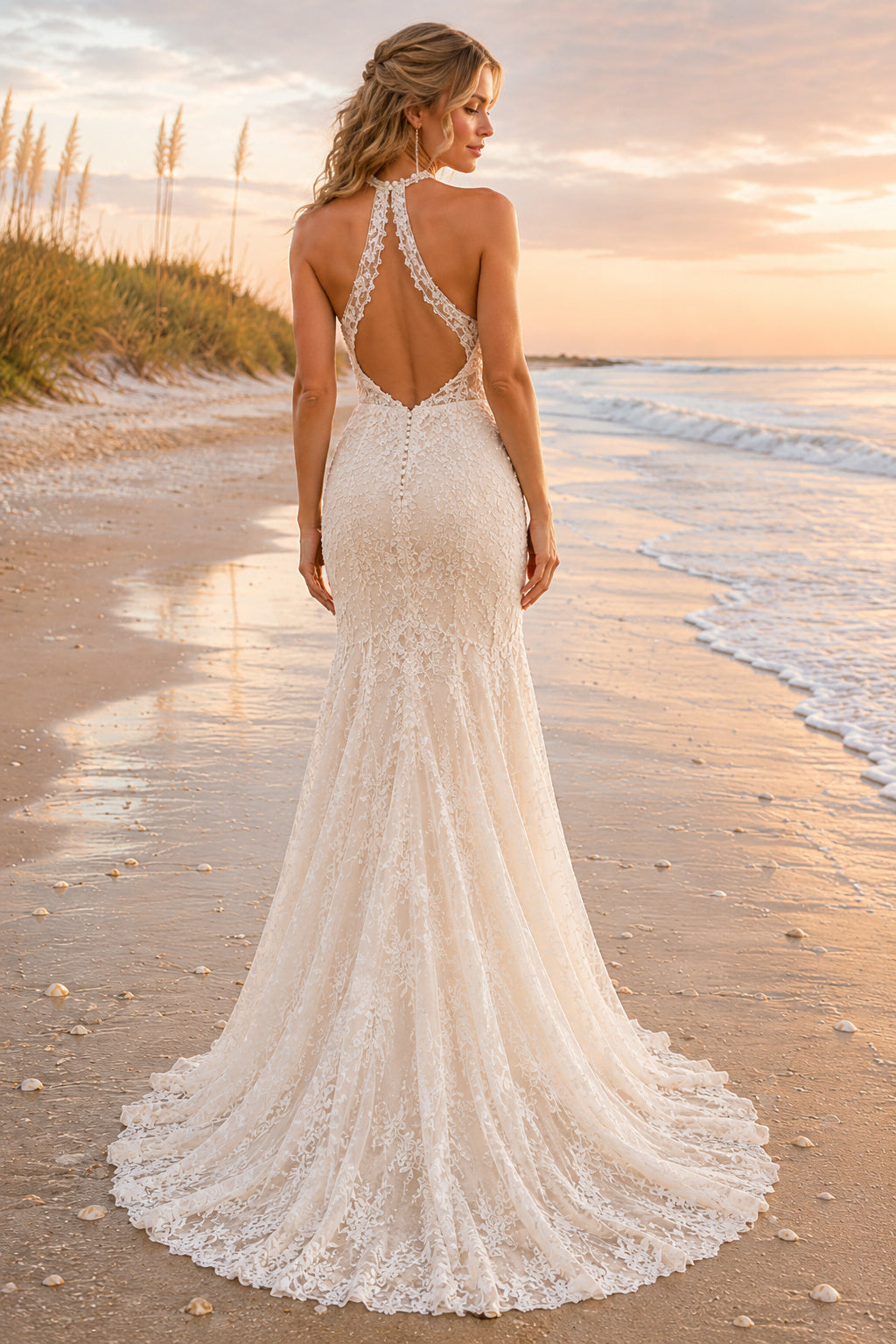 Ivory Halter High Neck Lace Mermaid Wedding Dress Keyhole Back Train for Bridal Ceremony and Reception Style MG_700798 back v