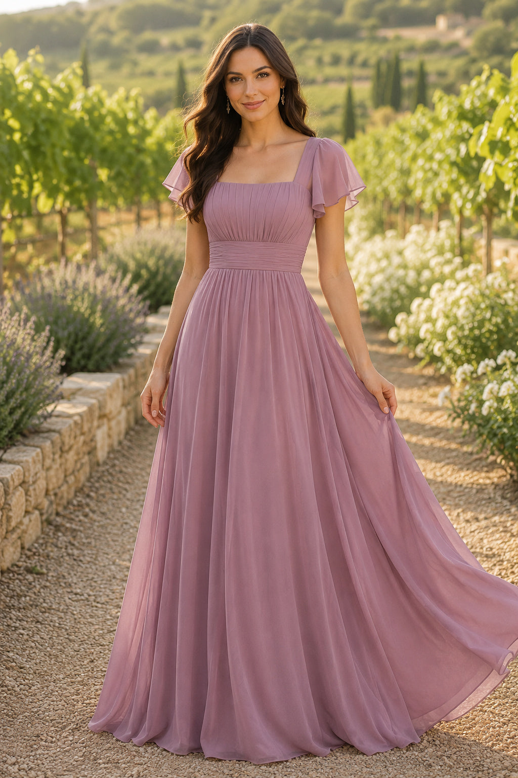 Dusty Rose Square Neck Chiffon A-Line Bridesmaid Dress with Short Flutter Sleeves front view
