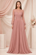 Dusty Rose Long Sleeve Chiffon A-Line Dress with Illusion Bodice front view