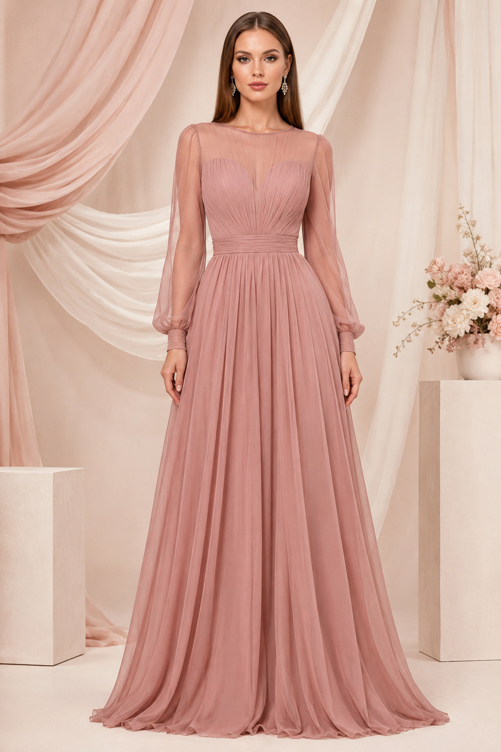 Dusty Rose Long Sleeve Chiffon A-Line Dress with Illusion Bodice front view
