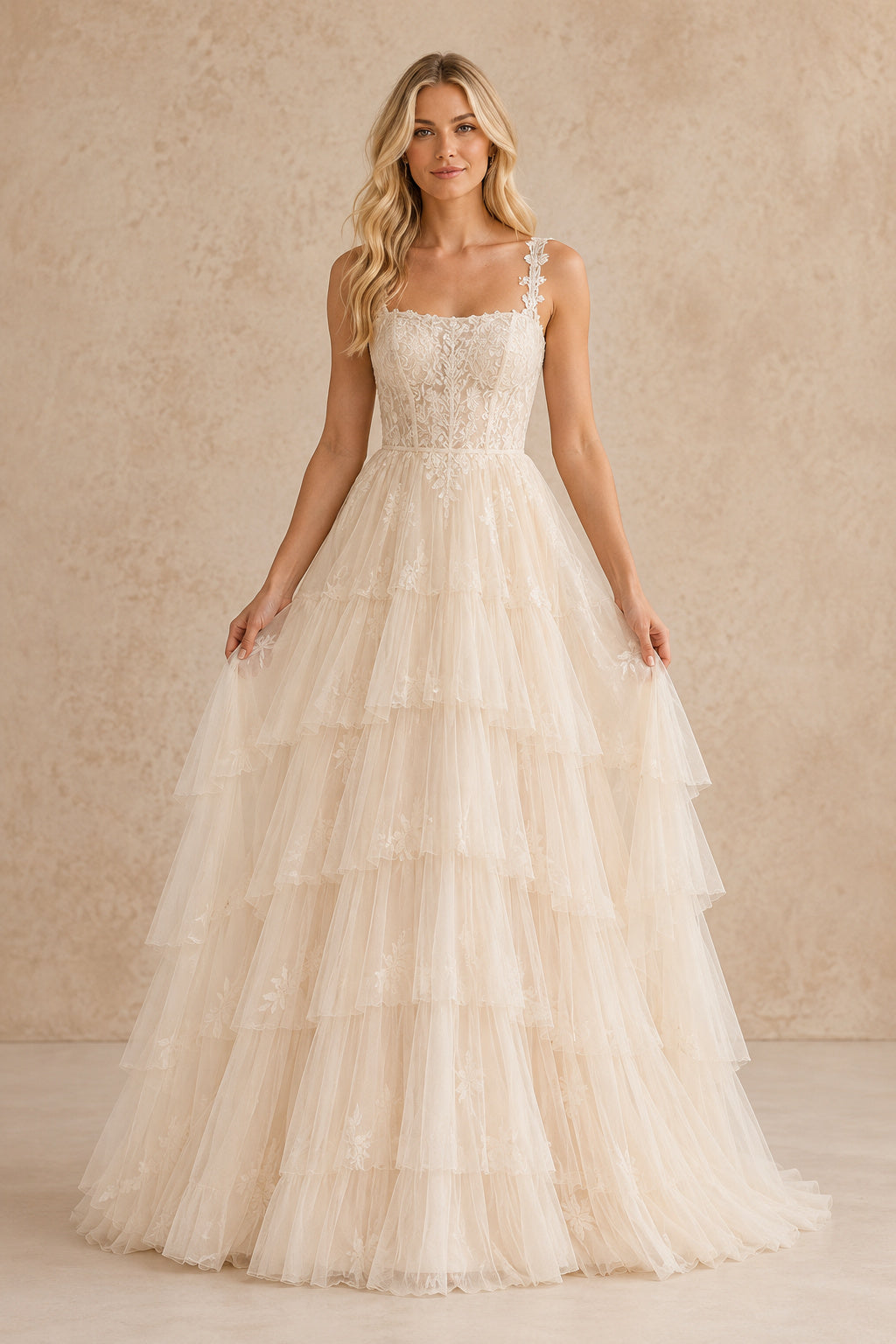 Ivory Square Neck Tiered Tulle A-Line Wedding Dress with Lace Straps front view