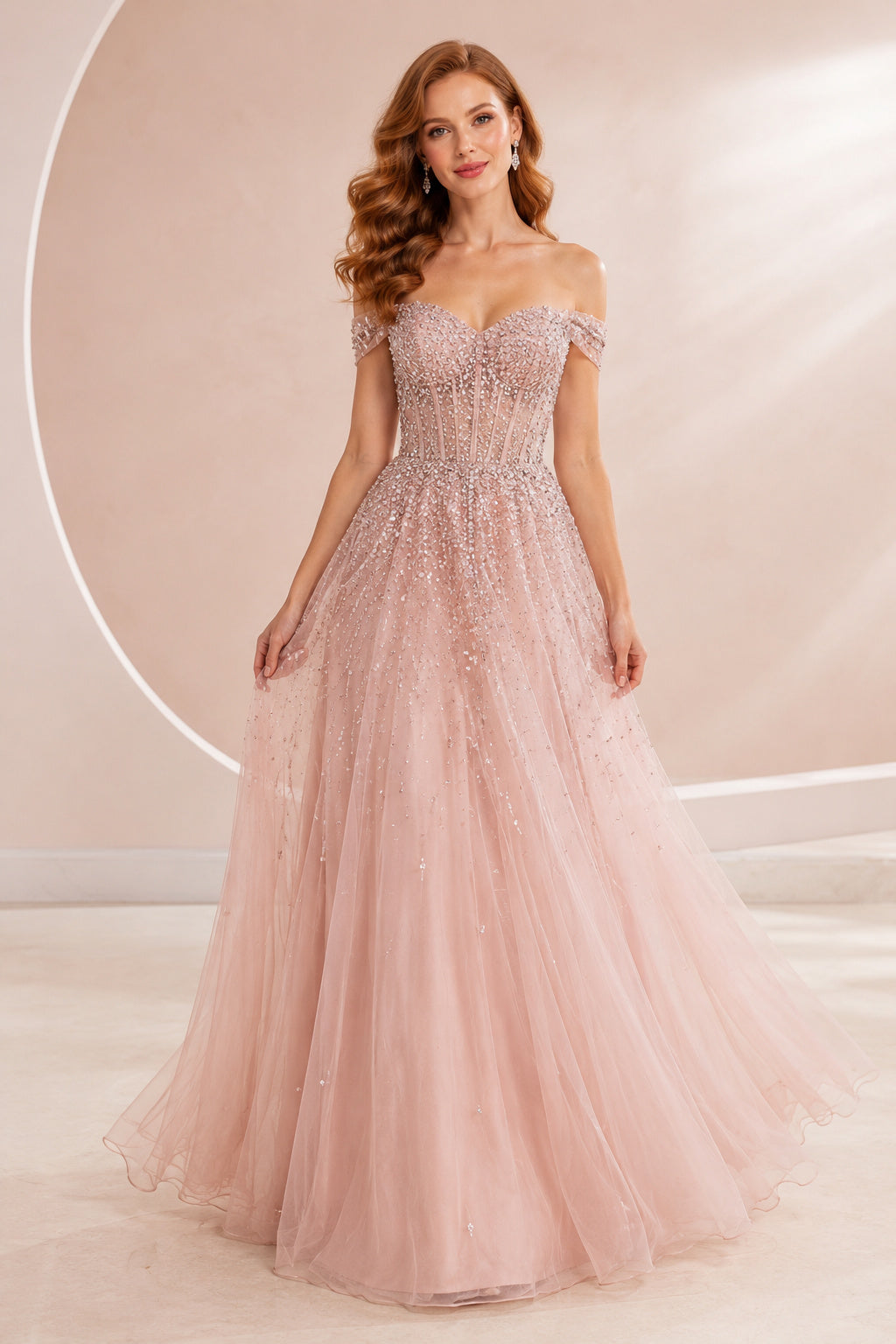 Blushing Pink Off-the-Shoulder Tulle Ball Gown with Sparkle Bodice front view