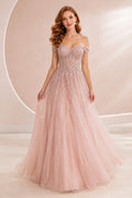 Blushing Pink Off-the-Shoulder Tulle Ball Gown with Sparkle Bodice front view