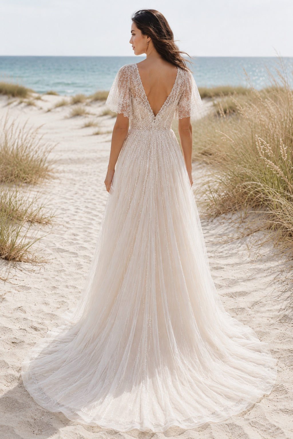 Ivory Short Sleeve Chiffon A-Line Beach Wedding Dress with V-Neck and V-Back back view