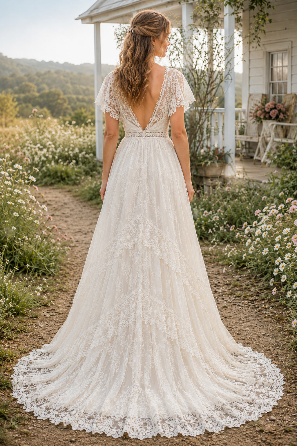 Deep V Flutter Sleeve A-Line Wedding Dress with Lace Waist and Sweep Train for Rustic Garden Ceremony back view