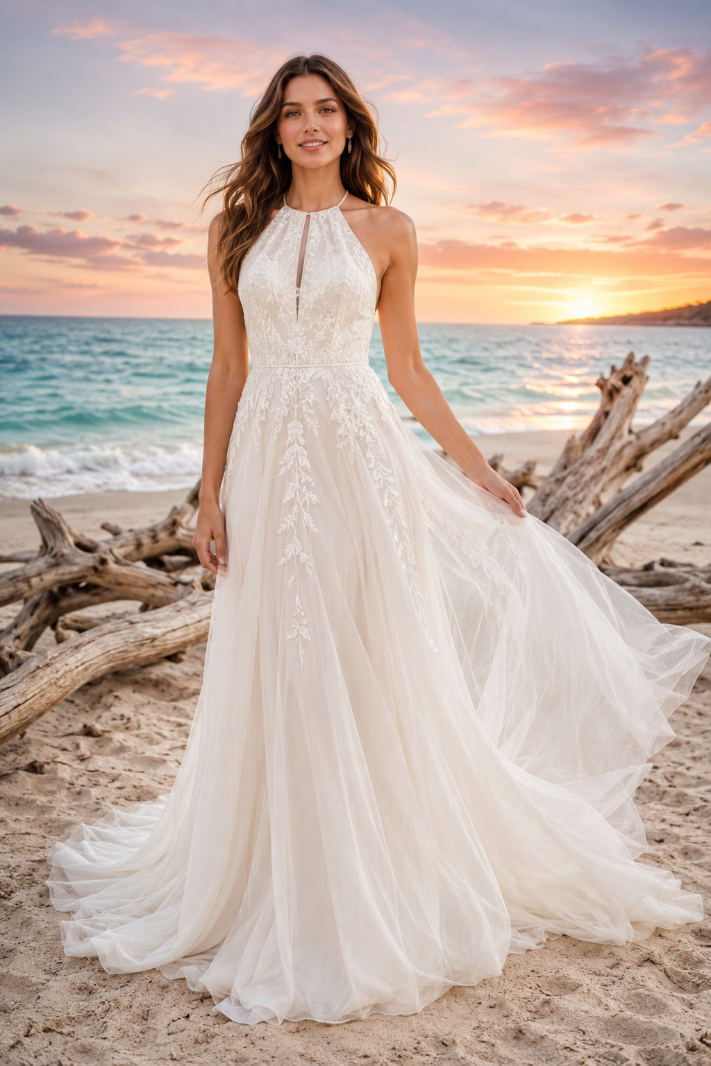 Ivory Halter High Neck Lace Tulle A-Line Wedding Dress Keyhole Back for Bridal Ceremony and Reception front view