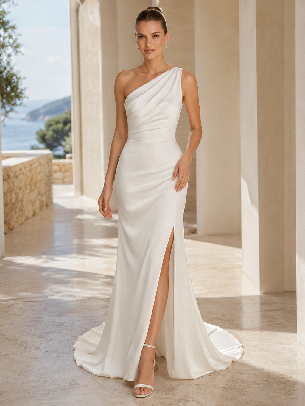 Beach Satin Wedding Dress Sheath One Shoulder Sleeveless Sweep Train with Slit Bridal Gown front view