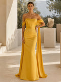 Golden Yellow Off Shoulder Draped Satin Sheath Floor Length Wedding Dress front view