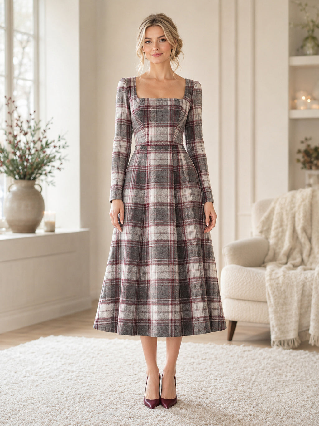 Grey Tartan Square Neck Long Sleeve Winter Midi Dress front view